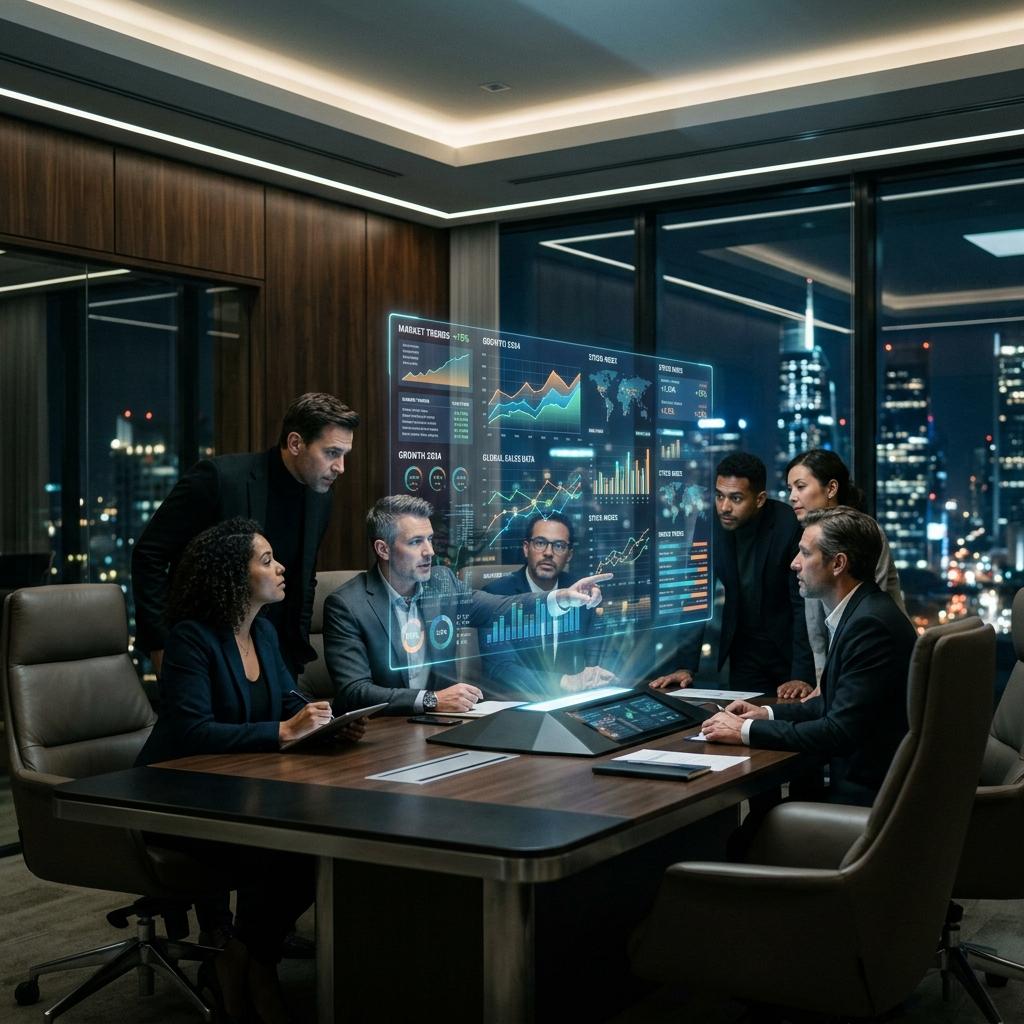 Executives reviewing holographic data analytics